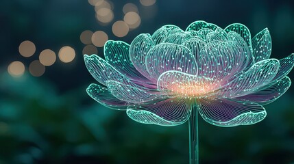 Artistic representation of an elegant neon lotus flower blooming in a dark tranquil environment