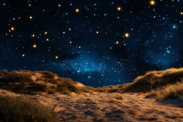 Obraz premium Starry Night Sky Over Sandy Dunes With Grass in a Tranquil Landscape