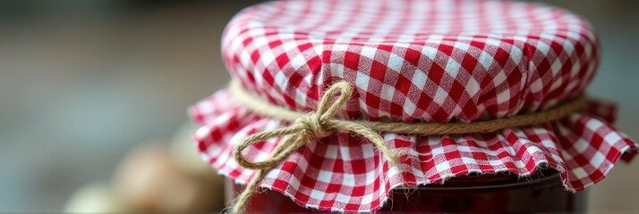 Fototapeta premium Close-up of red checkered fabric on jar with twine bow