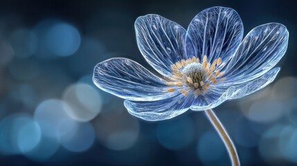 Illuminated blue flower with glowing petals against a soft blurred bokeh background