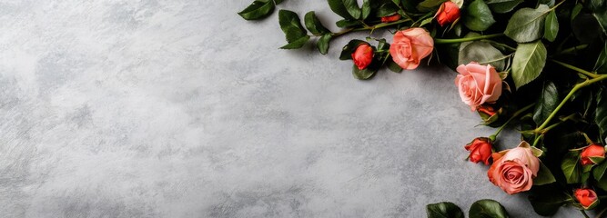 Roses Arranged on a Gray Surface With Greenery Creating a Natural and Elegant Display