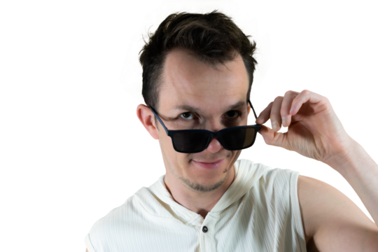 Man pulling down sunglasses to peek with curious expression, isolated png portrait, playful summer fashion pose