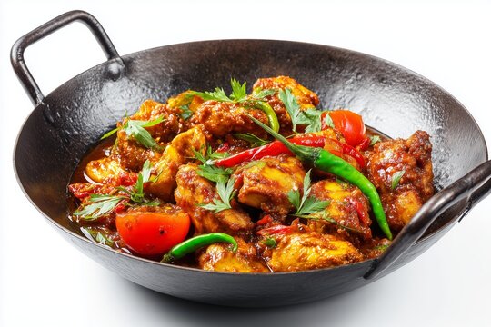 Spicy chicken karahi with tomatoes and green chilies served in a wok on a white background for a vibrant culinary experience