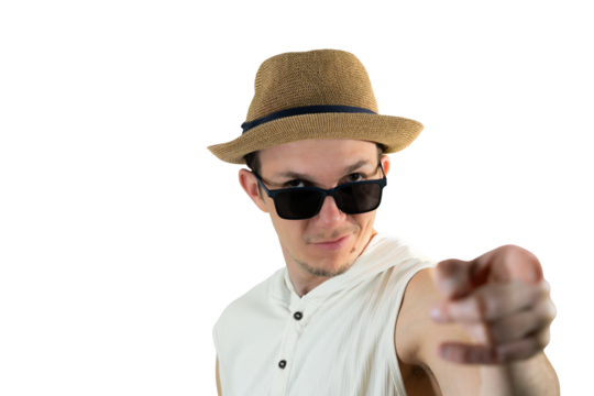 Man in summer hat and sunglasses pointing forward with assertive expression isolated png portrait, motivational vibe