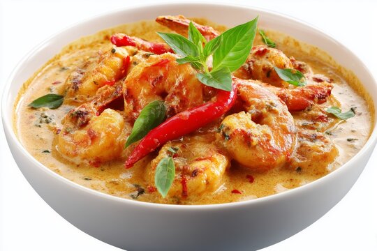 Chingri Malai Curry features prawns simmered in creamy coconut milk with spices served alongside steamed rice on a white background
