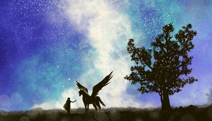 A black pegasus who met and traveled with his mistress. Illustration created by drawing on a tablet, used as a fantasy style background.