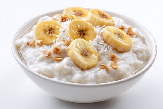 Traditional Doi Chira breakfast featuring flattened rice with sweetened yogurt, bananas, and sugar on a white background