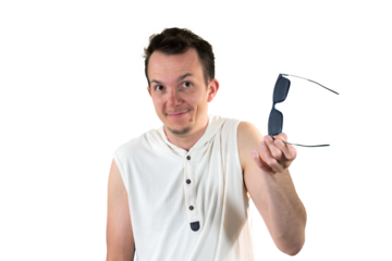 Man holding sunglasses in extended hand with curious and questioning expression isolated png portrait, body language concept