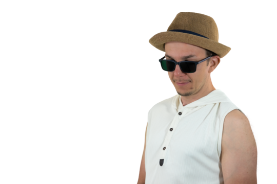 Young man in sunglasses and hat looking down with calm and reflective expression, isolated png portrait, casual summer portrait