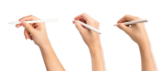 Female hand holding digital pen, isolate on white background
