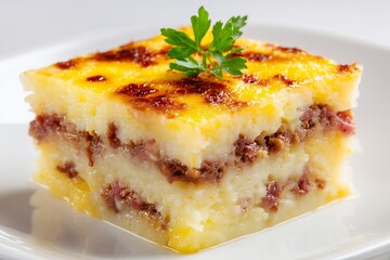 Delicious esconde de carne seca, a layered casserole of mashed cassava, dried beef, and cheese, baked to perfection on a white background