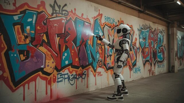 AI generated robot spray paints vibrant graffiti art on a concrete wall inside an urban tunnel