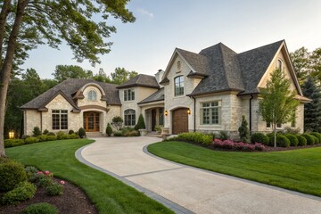Elegant stone exterior luxury home featuring landscaping and a curving driveway at dusk