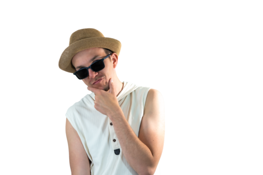 Thoughtful young man with sunglasses and summer hat touching chin while looking away, isolated png portrait, casual thinking concept