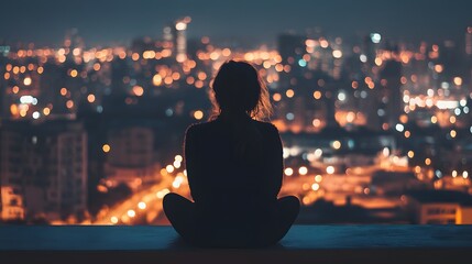 A person sitting on a balcony overlooking the city at night with a content smile on their face
