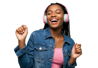 Joyful Woman with Headphones Listening to Music Relaxing