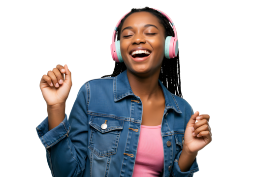 Joyful Woman with Headphones Listening to Music Relaxing
