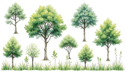 Obraz premium Collection of watercolor tree illustrations in various shapes and sizes with grass elements. Ideal for nature-themed designs, seasonal graphics, and botanical art resources.