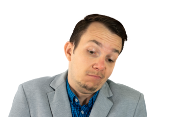 Businessman shrugging with indifferent and uncertain facial expression, isolated png portrait, concept of indecision