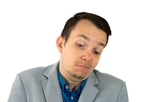 Businessman shrugging with indifferent and uncertain facial expression, isolated png portrait, concept of indecision