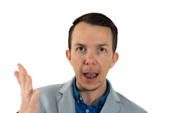 Man in suit raising hand and mouth open as if talking or reacting, facial expression of strong emotion, isolated png