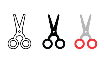 Open scissors icon set. Red scissors symbol. Black filled cut tool sign. Outline shear illustration.