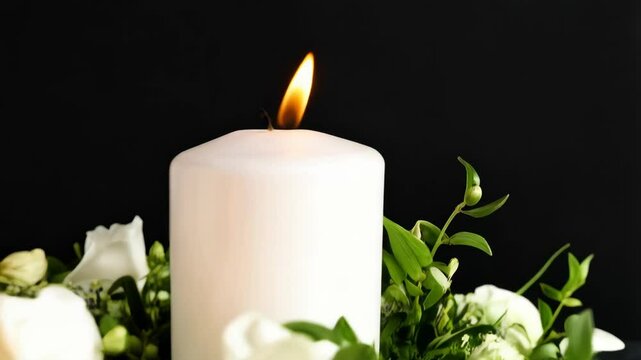 Burning white candles surrounded by flowers and greenery, set against a dark background to add a somber, reflective mood.
