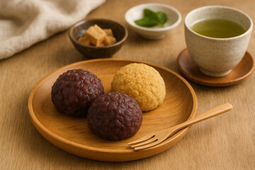 Japanese wagashi with red bean paste and green tea served on wooden plate

