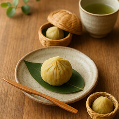 Traditional Japanese sweets with chestnut wagashi and green tea

