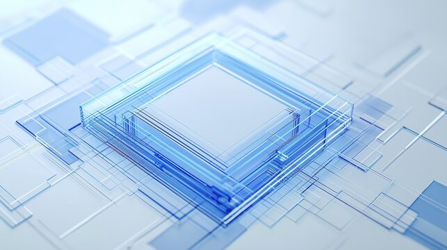 Abstract blue and white tech background with processor chip in glass box, futuristic digital geometric pattern for banner design on light grey backdrop