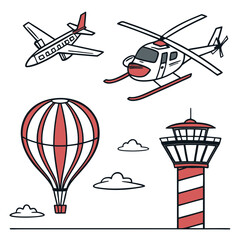 Air travel icons airplane helicopter hot air balloon