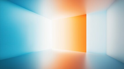 Fototapeta premium 3D rendered empty room with blue-orange gradient background featuring bright lighting and soft shadows, abstract interior design element for banners or presentations