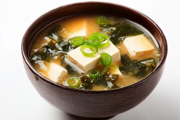 Miso soup prepared with dashi stock, miso paste, tofu, seaweed, and green onions isolated against a white background for culinary presentation
