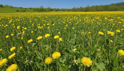 Dandelion field in spring landscape with clear blue sky