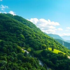 Obraz premium Breathtaking aerial view of lush rolling hills, dense forests, winding path, river, mountains, and a wind turbine