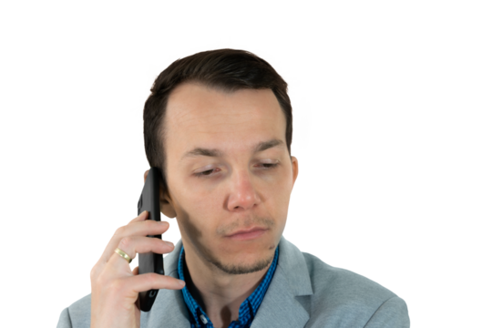 Man in business suit with neutral face during phone call. isolated png portrait, concept of attention and listening