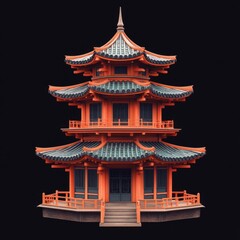 Fototapeta premium a classic three-story Asian pagoda with green tiled roofs, red wooden structure, intricate eaves, and traditional architectural details, isolated on black background