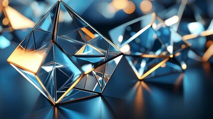 Abstract glass pyramids with metallic trim on a blue reflective surface and bokeh background, showcasing crystal clear structure and modern design. - Powered by Adobe
