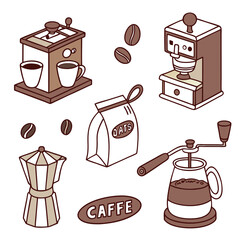Coffee brewing equipment and beans illustration