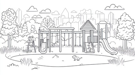 Obraz premium Black and white playground scene in a park, with city skyline in the background. Simple line art depicts play structures, trees, grassy areas, and a pond. A few animals are included