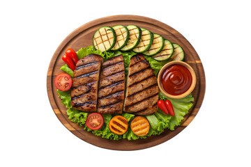 Grilled Pork Chops with Vegetables on Wooden Plate on Transparent Background