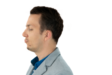 Side profile of man in gray blazer puckering lips with closed eyes on transparent background, silly humorous gesture. . isolated png