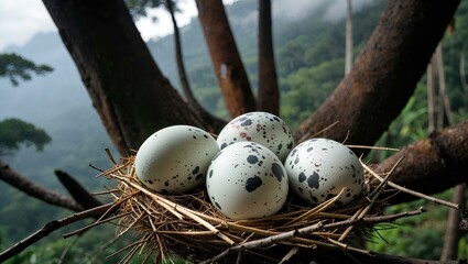 The image shows three oval eagle eggs with hard, pale white shells with gray, black and reddish spots on the surface of the egg shells in a nest made of straw and dry tree branches on the branches of 