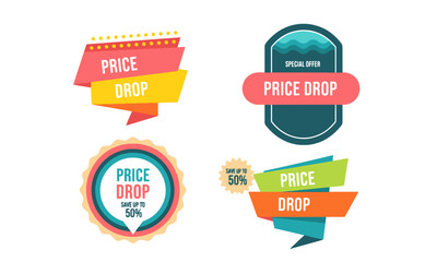Price Drop: Promotional Sale and Discount Labels. A vibrant collection of "Price Drop" tags and badges in various designs, featuring "Special Offer" and discount percentages