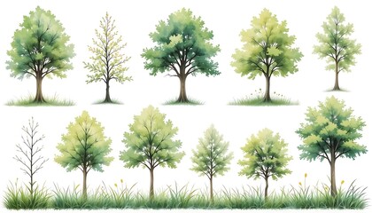 Collection of watercolor tree illustrations in various shapes and sizes with grass elements. Ideal for nature-themed designs, seasonal graphics, and botanical art resources.
