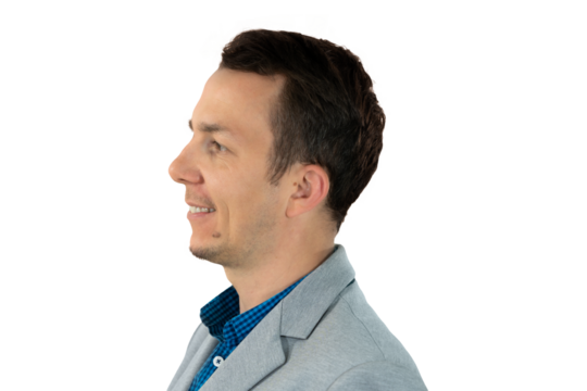 Smiling businessman in side profile looking forward with positivity and hope, suitable for team introduction and leadership presentation. . isolated png