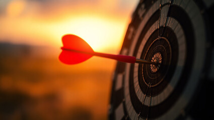 Achieving Success A Red Dart Striking the Bullseye at Sunset