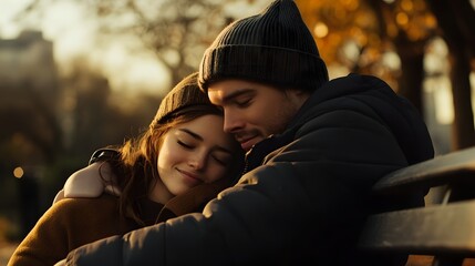 A woman resting her head on her partner shoulder while sitting on a park bench
