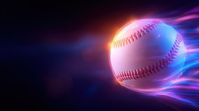 A dynamic baseball soaring through the air with vibrant motion blur effects in a dark background