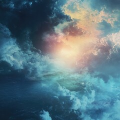 Dramatic cloudscape with vibrant colors, contrasting light and dark hues, suggesting a powerful celestial scene